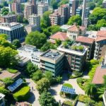 Ville verte avec bâtiments écologiques et nature luxuriante.