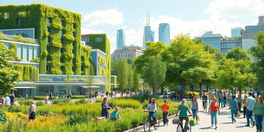 Ville verte avec bâtiments écologiques et espaces publics animés.