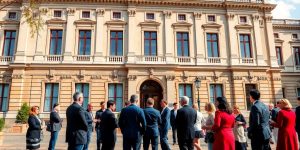 Des membres du Sénat discutent devant le bâtiment historique.